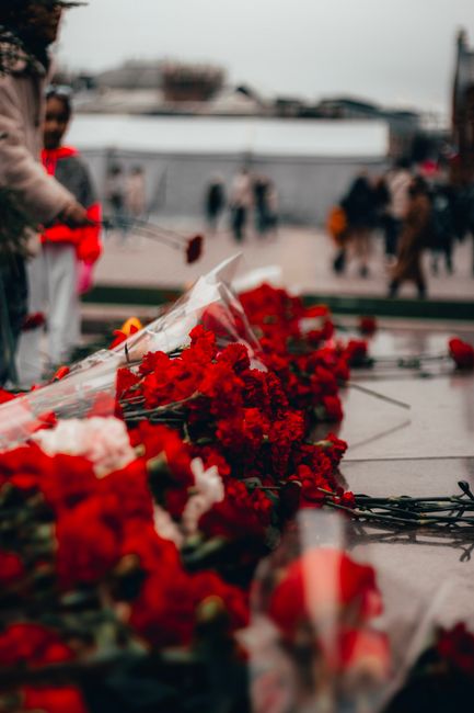 A close-up view of numerous red carnations and other mixed flowers laid out on a flat surface, most wrapped in clear plastic, with some bouquets topped with orange ribbon. The flowers appear fresh wit