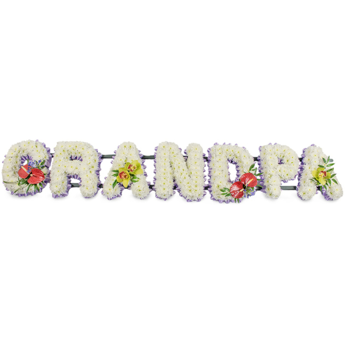 This long, horizontal floral arrangement spells out the word "GRANDPA" in imposing block capital letters, set against a simple white backdrop that allows the tribute to command full attention. Each letter has been meticulously created using countless small white chrysanthemum heads, inserted close together until no gaps in the frame remain. The effect is that of soft, plush lettering, like padded cushions made entirely from flowers, evoking tenderness, purity, and a gentle farewell. Around the base of each letter runs a ribbon of pale lavender, just visible beneath the flowers, outlining the shape and adding a cool, understated touch of colour. A slim framework of dark green supports links the letters, hidden behind the blooms but essential for holding the tribute together on a stand at a funeral in Wealdstone, serving families from nearby streets and parks. Four accent sprays break the sweep of white with deeper, symbolic colours. On the "G" and the "D", clusters of deep red anthuriums add drama, their glossy, heart-shaped spathes and erect yellow spadices rising out of rich green foliage and tiny filler flowers, hinting at passion, devotion, and the strength of family bonds. On the first "A" and the last "A", groups of yellow-green orchids nestle among fresh leaves, their delicate shapes and luminous lime shades offering a feeling of hope, admiration, and lasting respect. The careful balance of textures and hues gives this "GRANDPA" tribute a composed, thoughtful presence. It feels like the sort of bespoke floral lettering an experienced Wealdstone florist would prepare to honour a much-loved grandfather with both formality and heartfelt affection.