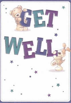 Evoking the joyful spirit of Wealdstone, this playful get well card offers an instant sense of reassurance and support. Center stage, a cuddly teddy bear clasps the vibrant word 'GET' while a floppy-eared puppy playfully props itself beneath the sturdy 'WELL,' their fluffy textures and beaming faces radiating hope and gentle encouragement. The scene sparkles with scattered stars, their hues of indigo and teal recalling the lively blooms seen at local Wealdstone markets. Against a soft, pristine background, the hand-lettered typography stands out in confident shades, creating a visual rhythm that celebrates the everyday magic found within the community. The composition's warmth and balance shine through; every detail, from the glossy eyes of the bear to the puppy's engaging nuzzle, is crafted to offer comfort and lightness-qualities familiar to anyone who has received a bouquet from a caring local florist. Imagining this card paired with a fresh arrangement delivered across Wealdstone, one senses the strengthening power of such gestures, designed to brighten not just a day, but a mood. This cheerful card delivers more than a message-it's a meaningful gift of hope, inspired by the kindness that Wealdstone is known for.