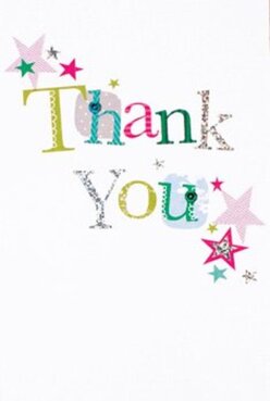 This thank you card glistens with festive energy, its lively design mirroring the everyday warmth of Wealdstone's local community. The words 'Thank You' are stitched boldly across a fresh white surface, every letter painted in a unique mix of garden-inspired hues-some sparkling with hints of silver glitter, others dressed in whimsical polka dots or gentle stitched patterns reminiscent of handmade crafts at Wealdstone Market. Scattered stars in deep magenta, teal blue, and soft gold drift in the corners, conjuring up the image of confetti settling after a joyous event or family gathering near Headstone Recreation Ground. The card's surface has a tactile appeal, echoing the pleasure of a finely crafted thank you, while the clean white background ensures every detail glimmers in the light. It's easy to picture this card accompanying a colourful bouquet, perhaps delivered same-day to a close friend or loved one in Wealdstone, its thoughtful design reflecting the local florist's eye for detail. The whole mood is one of open-hearted appreciation, creative energy, and a love for celebrating life's little moments around town.